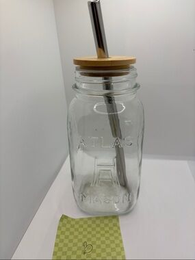 Vintage Atlas Mason Glass Drinking Jar with Bamboo Lid & Stainless Straw - Clear
